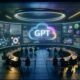 Hochmodernes War Room mit Analysten und Kreativköpfen vor großen, gebogenen Bildschirmen und schwebenden KI-Datenvisualisierungen, zentrales GPT-Logo.