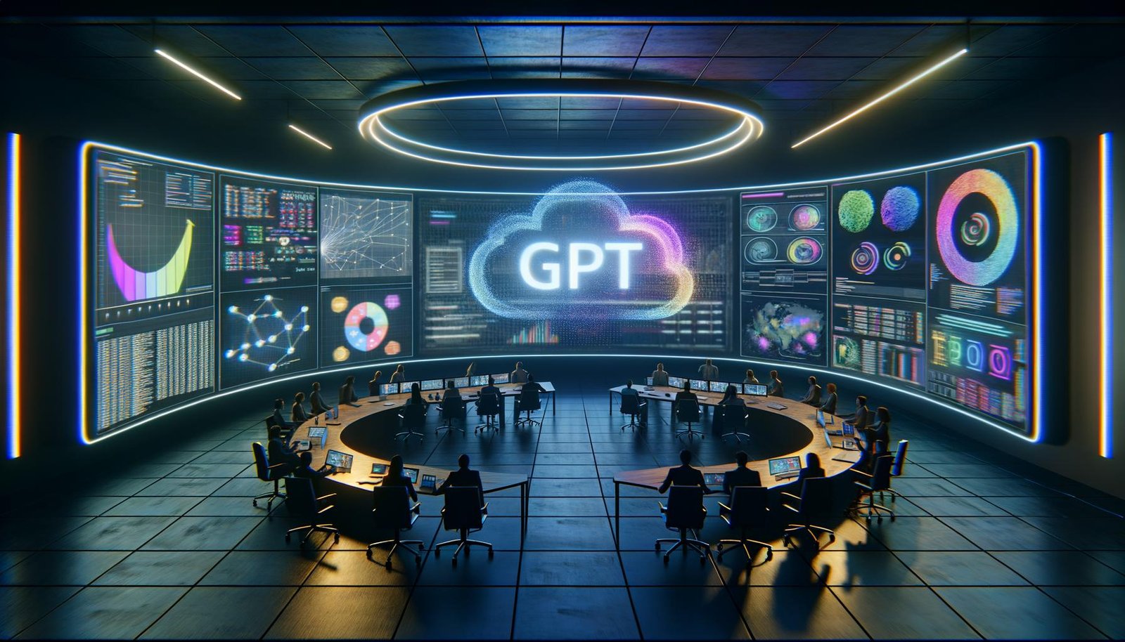 Hochmodernes War Room mit Analysten und Kreativköpfen vor großen, gebogenen Bildschirmen und schwebenden KI-Datenvisualisierungen, zentrales GPT-Logo.