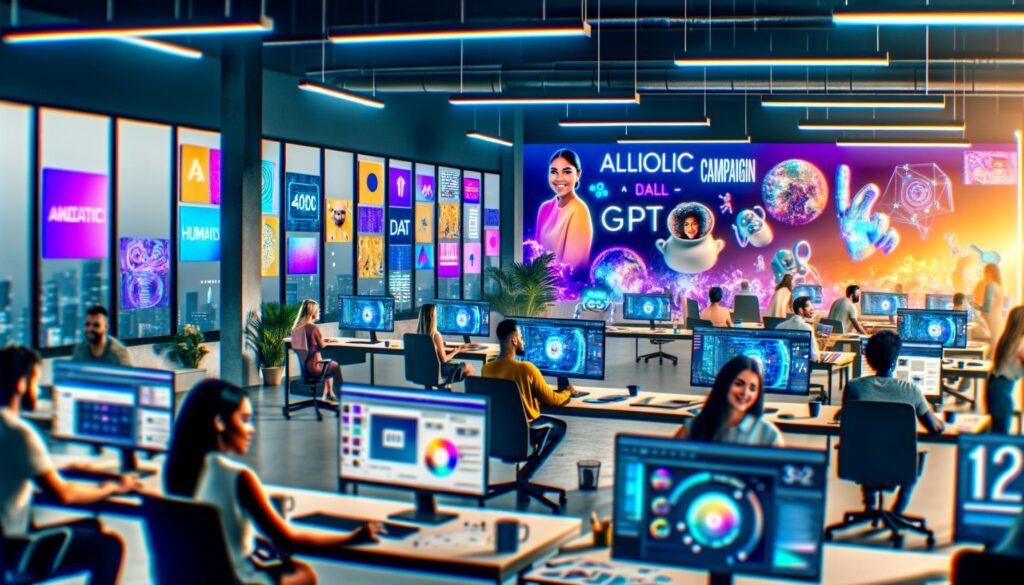 Futuristisches Marketing-Büro 2025 mit kreativen Profis an modernen Computern, Echtzeit-Kampagnen, digitalen Bildschirmen und KI-Symbolen wie GPT und DALL-E auf Moodboards.
