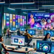 Futuristisches Marketing-Büro 2025 mit kreativen Profis an modernen Computern, Echtzeit-Kampagnen, digitalen Bildschirmen und KI-Symbolen wie GPT und DALL-E auf Moodboards.