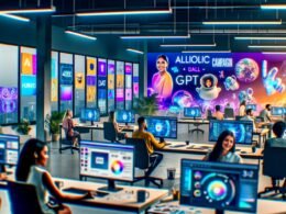 Futuristisches Marketing-Büro 2025 mit kreativen Profis an modernen Computern, Echtzeit-Kampagnen, digitalen Bildschirmen und KI-Symbolen wie GPT und DALL-E auf Moodboards.