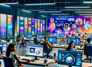 Futuristisches Marketing-Büro 2025 mit kreativen Profis an modernen Computern, Echtzeit-Kampagnen, digitalen Bildschirmen und KI-Symbolen wie GPT und DALL-E auf Moodboards.