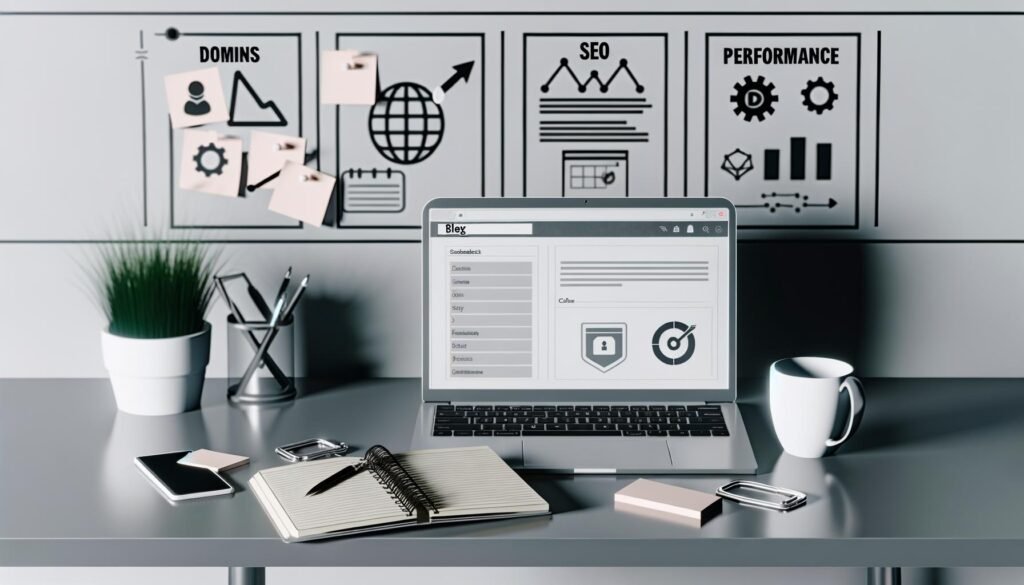 Moderner Schreibtisch mit aufgeklapptem Laptop und Blog-Dashboard, Checkliste mit Symbolen für Sicherheit, SEO, Kalender und Performance, Smartphone mit Analytics-App und minimalistischem Ambiente.