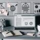 Moderner Schreibtisch mit aufgeklapptem Laptop und Blog-Dashboard, Checkliste mit Symbolen für Sicherheit, SEO, Kalender und Performance, Smartphone mit Analytics-App und minimalistischem Ambiente.