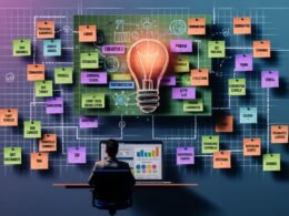 Illustration eines Bloggers, der an einem virtuellen Workspace mit Haftnotizen, Mindmaps, Kanban-Board, Content-Kalender und SEO-Grafiken arbeitet.
