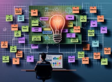 Illustration eines Bloggers, der an einem virtuellen Workspace mit Haftnotizen, Mindmaps, Kanban-Board, Content-Kalender und SEO-Grafiken arbeitet.