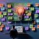 Illustration eines Bloggers, der an einem virtuellen Workspace mit Haftnotizen, Mindmaps, Kanban-Board, Content-Kalender und SEO-Grafiken arbeitet.