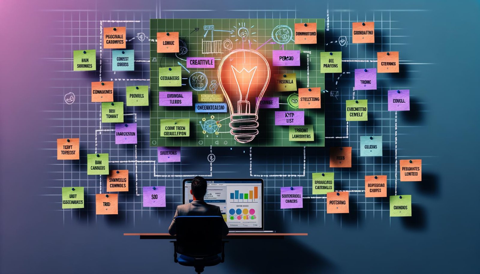 Illustration eines Bloggers, der an einem virtuellen Workspace mit Haftnotizen, Mindmaps, Kanban-Board, Content-Kalender und SEO-Grafiken arbeitet.