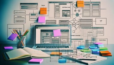 Organisierter Schreibtisch mit Laptop, Notizbuch, Skizzen von Website-Strukturen, bunten Post-its und sichtbarem Redaktionsplan auf dem Bildschirm; im Hintergrund Tech-Icons rund um CMS, SEO und Analytics.