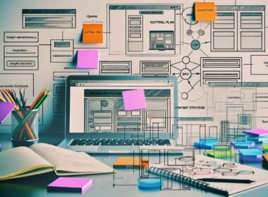 Organisierter Schreibtisch mit Laptop, Notizbuch, Skizzen von Website-Strukturen, bunten Post-its und sichtbarem Redaktionsplan auf dem Bildschirm; im Hintergrund Tech-Icons rund um CMS, SEO und Analytics.