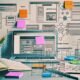 Organisierter Schreibtisch mit Laptop, Notizbuch, Skizzen von Website-Strukturen, bunten Post-its und sichtbarem Redaktionsplan auf dem Bildschirm; im Hintergrund Tech-Icons rund um CMS, SEO und Analytics.