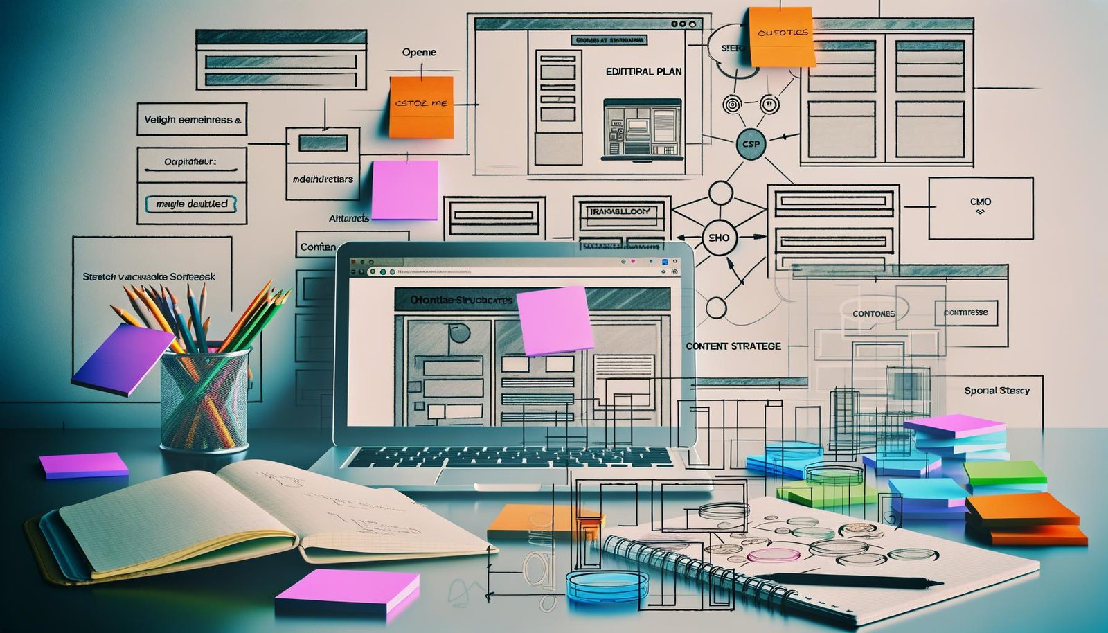 Organisierter Schreibtisch mit Laptop, Notizbuch, Skizzen von Website-Strukturen, bunten Post-its und sichtbarem Redaktionsplan auf dem Bildschirm; im Hintergrund Tech-Icons rund um CMS, SEO und Analytics.