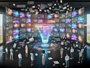Futuristisches Büro mit transparenten Displays, KI-gesteuerten Werbekampagnen, einem holographischen Assistenten und kreativen Teams in lebendiger Arbeitsatmosphäre.