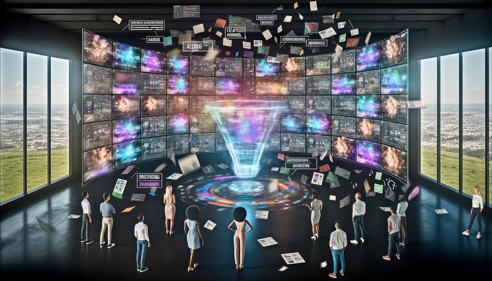 Futuristisches Büro mit transparenten Displays, KI-gesteuerten Werbekampagnen, einem holographischen Assistenten und kreativen Teams in lebendiger Arbeitsatmosphäre.