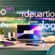 Stylischer Schreibtisch mit Laptop, leuchtendem Bildschirm, Notizbuch, Smartphone und Kaffeetasse, vor einer Wand mit farbigen Keywords wie SEO und Content-Strategie.