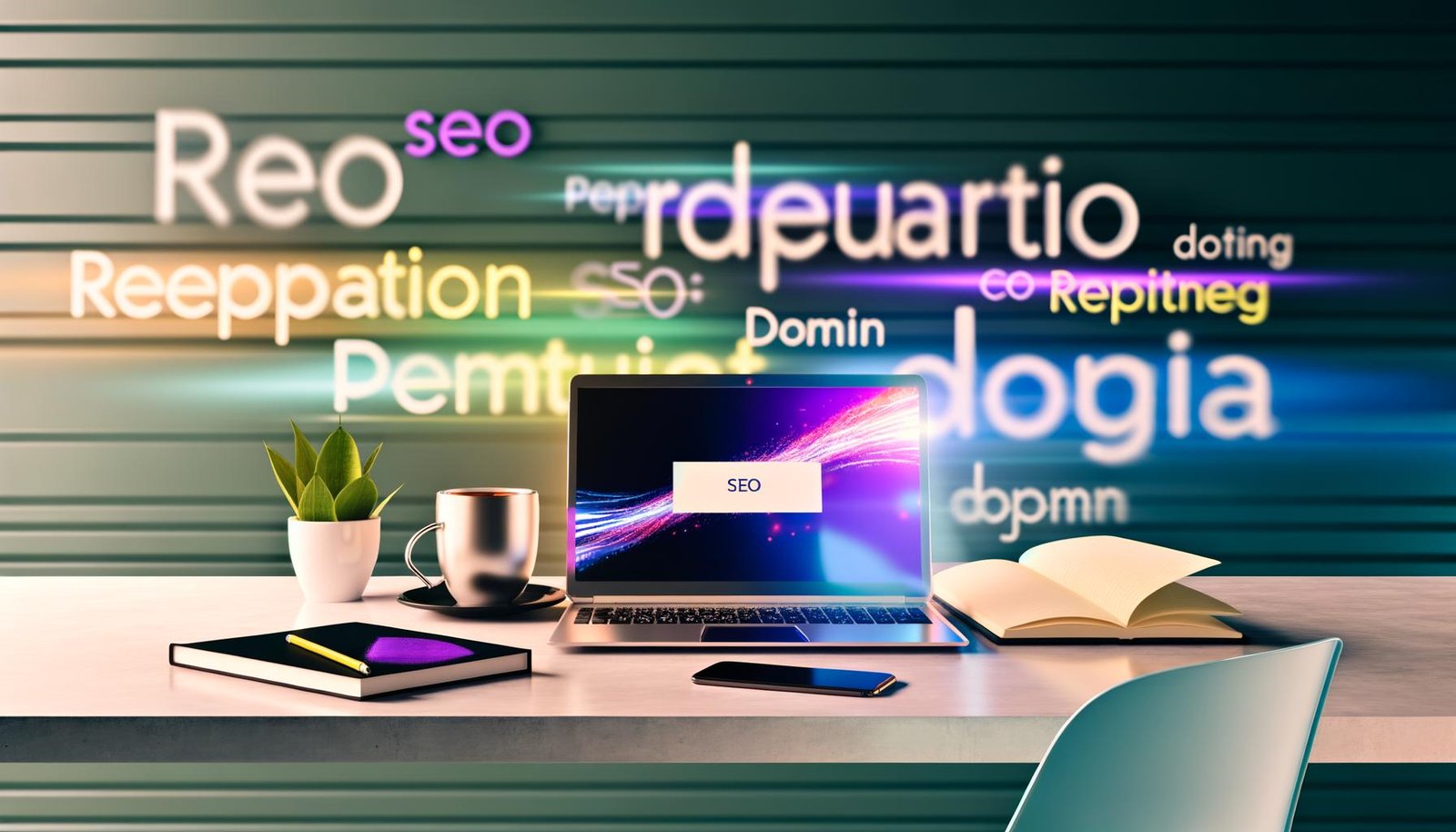 Stylischer Schreibtisch mit Laptop, leuchtendem Bildschirm, Notizbuch, Smartphone und Kaffeetasse, vor einer Wand mit farbigen Keywords wie SEO und Content-Strategie.