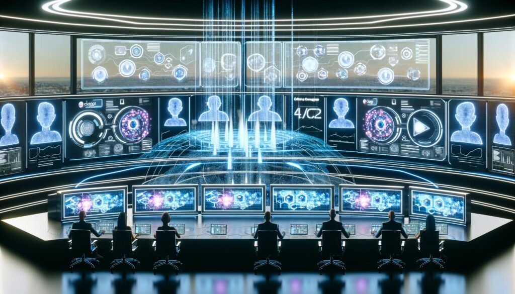 Futuristisches Werbezentrum mit Marketer:innen vor holografischen Displays, leuchtenden Datenströmen, übergroßen GPT-Logos und abstrakten Avataren in einer hochmodernen digitalen Umgebung.