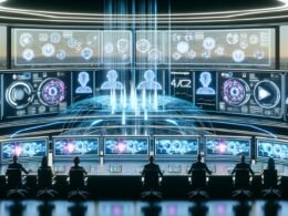Futuristisches Werbezentrum mit Marketer:innen vor holografischen Displays, leuchtenden Datenströmen, übergroßen GPT-Logos und abstrakten Avataren in einer hochmodernen digitalen Umgebung.