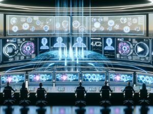 Futuristisches Werbezentrum mit Marketer:innen vor holografischen Displays, leuchtenden Datenströmen, übergroßen GPT-Logos und abstrakten Avataren in einer hochmodernen digitalen Umgebung.