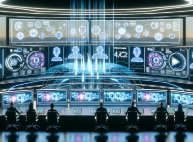 Futuristisches Werbezentrum mit Marketer:innen vor holografischen Displays, leuchtenden Datenströmen, übergroßen GPT-Logos und abstrakten Avataren in einer hochmodernen digitalen Umgebung.
