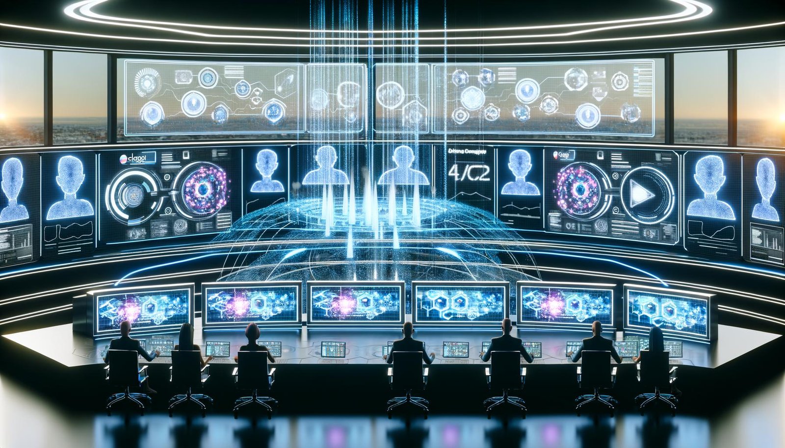 Futuristisches Werbezentrum mit Marketer:innen vor holografischen Displays, leuchtenden Datenströmen, übergroßen GPT-Logos und abstrakten Avataren in einer hochmodernen digitalen Umgebung.
