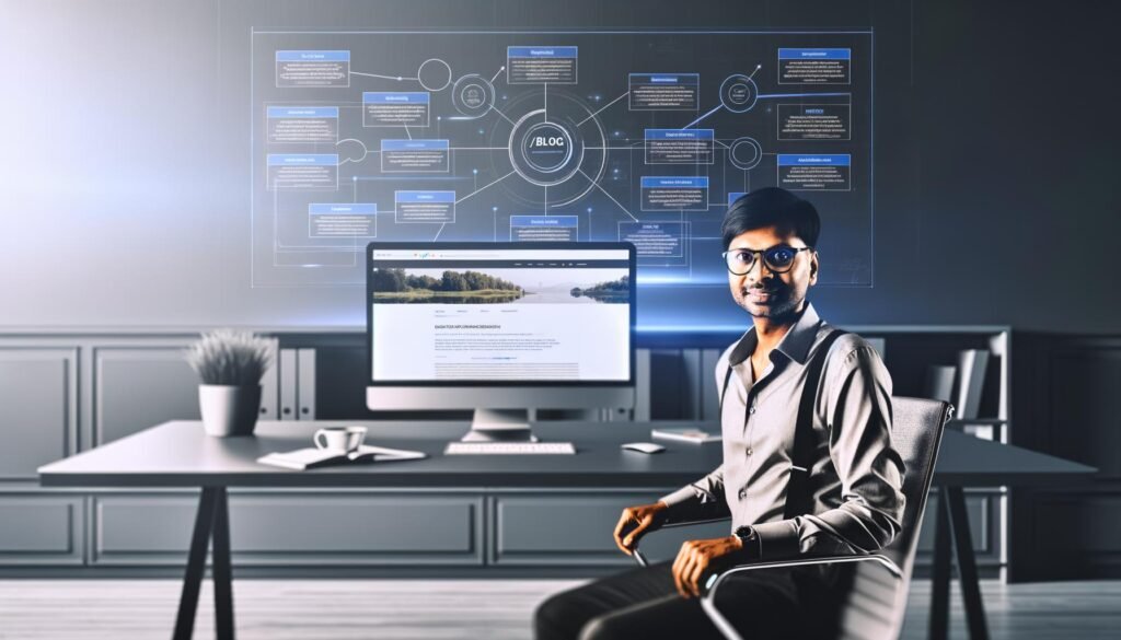 Moderatorner Arbeitsplatz eines Digitalstrategen mit großem Monitor, der eine Website mit Blog-Sektion zeigt, surrounded von SEO-Flussdiagrammen und Datenvisualisierungen.
