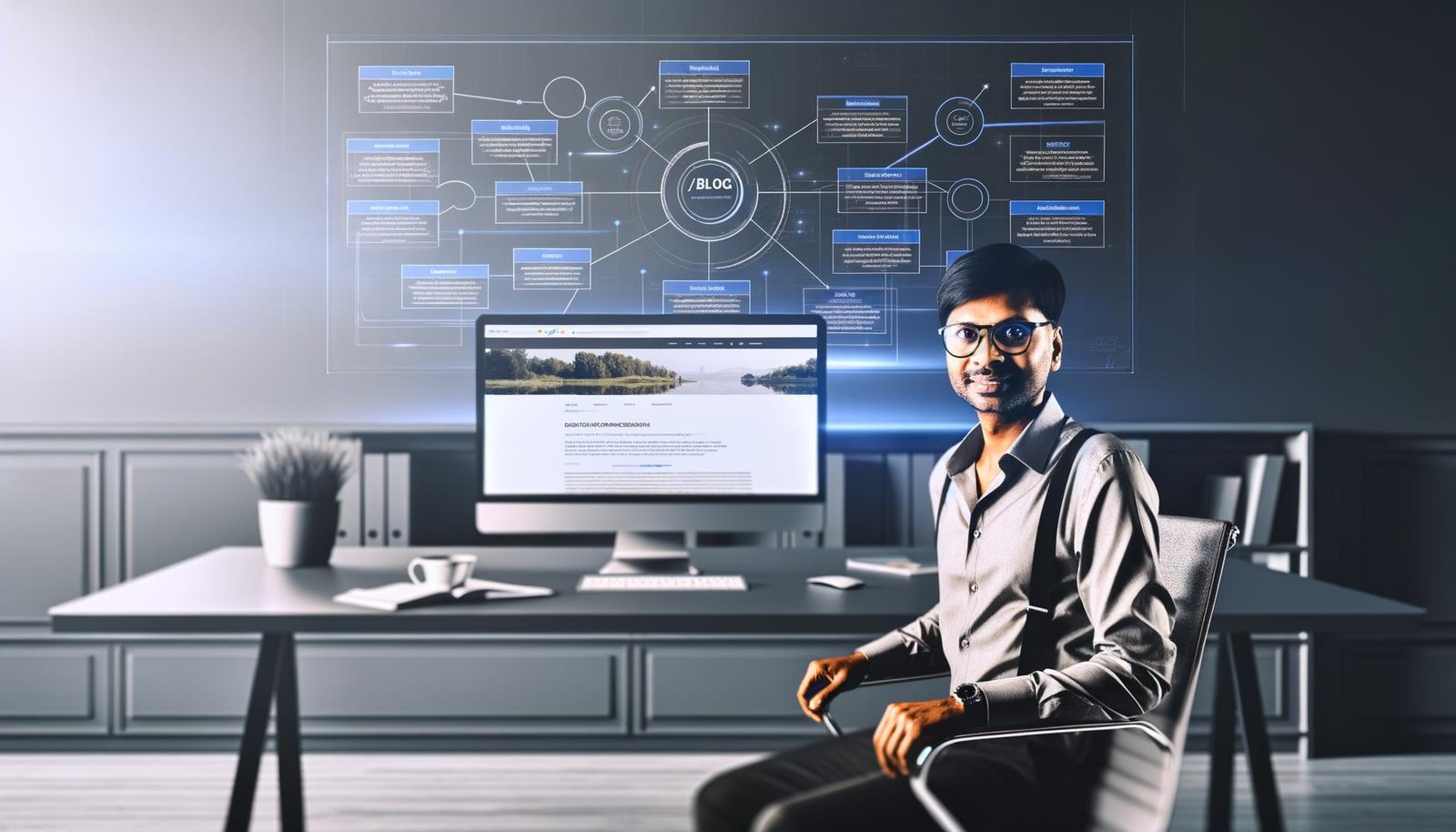 Moderatorner Arbeitsplatz eines Digitalstrategen mit großem Monitor, der eine Website mit Blog-Sektion zeigt, surrounded von SEO-Flussdiagrammen und Datenvisualisierungen.