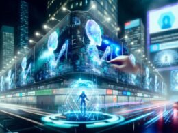 Futuristische Großstadt bei Nacht mit leuchtenden LED-Billboards, holografischen Werbeanzeigen und Mensch-Maschine-Interaktion vor digitalen Dashboards.