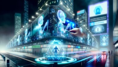 Futuristische Großstadt bei Nacht mit leuchtenden LED-Billboards, holografischen Werbeanzeigen und Mensch-Maschine-Interaktion vor digitalen Dashboards.