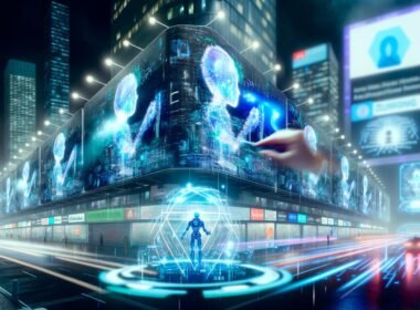 Futuristische Großstadt bei Nacht mit leuchtenden LED-Billboards, holografischen Werbeanzeigen und Mensch-Maschine-Interaktion vor digitalen Dashboards.
