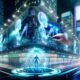 Futuristische Großstadt bei Nacht mit leuchtenden LED-Billboards, holografischen Werbeanzeigen und Mensch-Maschine-Interaktion vor digitalen Dashboards.