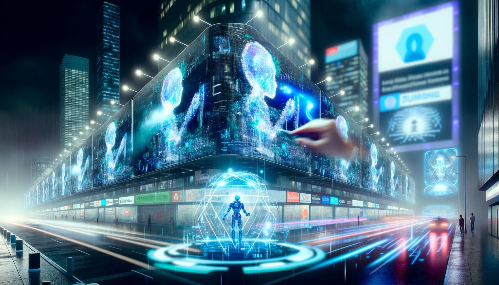 Futuristische Großstadt bei Nacht mit leuchtenden LED-Billboards, holografischen Werbeanzeigen und Mensch-Maschine-Interaktion vor digitalen Dashboards.