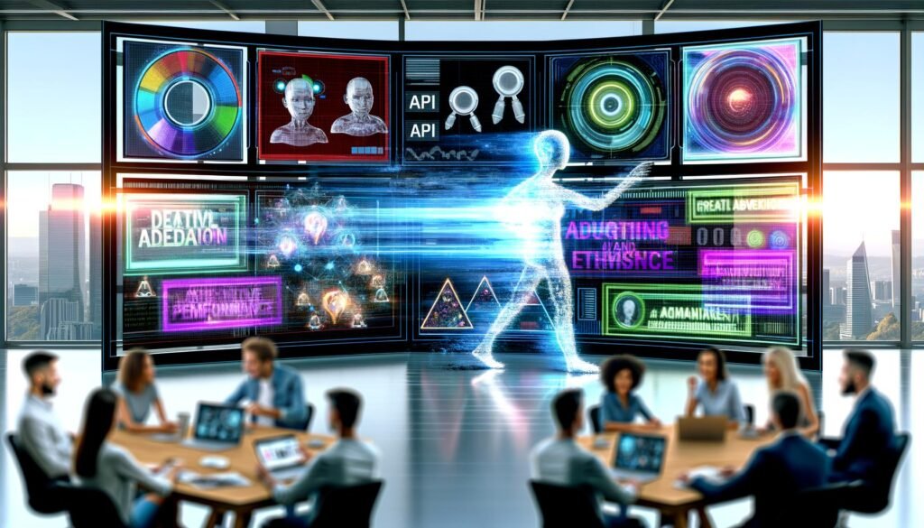 Marketer arbeiten in einer dynamischen High-Tech-Umgebung an riesigen durchsichtigen Screens mit KI-generierten Werbetexten, Daten und Hologrammen, während klassische Agenturen überrascht zusehen.