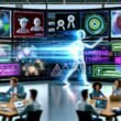 Marketer arbeiten in einer dynamischen High-Tech-Umgebung an riesigen durchsichtigen Screens mit KI-generierten Werbetexten, Daten und Hologrammen, während klassische Agenturen überrascht zusehen.