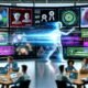 Marketer arbeiten in einer dynamischen High-Tech-Umgebung an riesigen durchsichtigen Screens mit KI-generierten Werbetexten, Daten und Hologrammen, während klassische Agenturen überrascht zusehen.