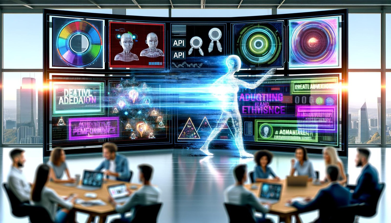 Marketer arbeiten in einer dynamischen High-Tech-Umgebung an riesigen durchsichtigen Screens mit KI-generierten Werbetexten, Daten und Hologrammen, während klassische Agenturen überrascht zusehen.
