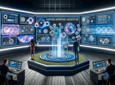 Modernes Marketing-Command-Center bei Nacht mit holografischen Anzeigen, leuchtenden Datenströmen, zwei Personen an digitalen Geräten und KI-generierten Werbeinhalten im Hintergrund.