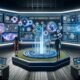 Modernes Marketing-Command-Center bei Nacht mit holografischen Anzeigen, leuchtenden Datenströmen, zwei Personen an digitalen Geräten und KI-generierten Werbeinhalten im Hintergrund.