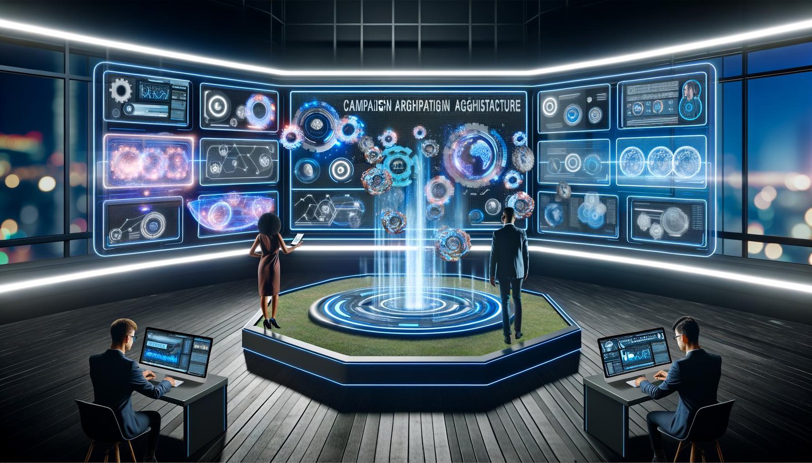 Modernes Marketing-Command-Center bei Nacht mit holografischen Anzeigen, leuchtenden Datenströmen, zwei Personen an digitalen Geräten und KI-generierten Werbeinhalten im Hintergrund.