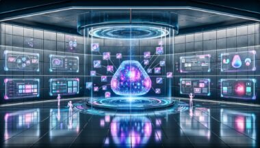 Futuristischer digitaler Workspace mit holografischen Anzeigen, strahlender KI und nahtlos verbundenen Datenströmen in cyberpunk-blauer Umgebung.