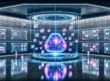 Futuristischer digitaler Workspace mit holografischen Anzeigen, strahlender KI und nahtlos verbundenen Datenströmen in cyberpunk-blauer Umgebung.