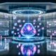 Futuristischer digitaler Workspace mit holografischen Anzeigen, strahlender KI und nahtlos verbundenen Datenströmen in cyberpunk-blauer Umgebung.