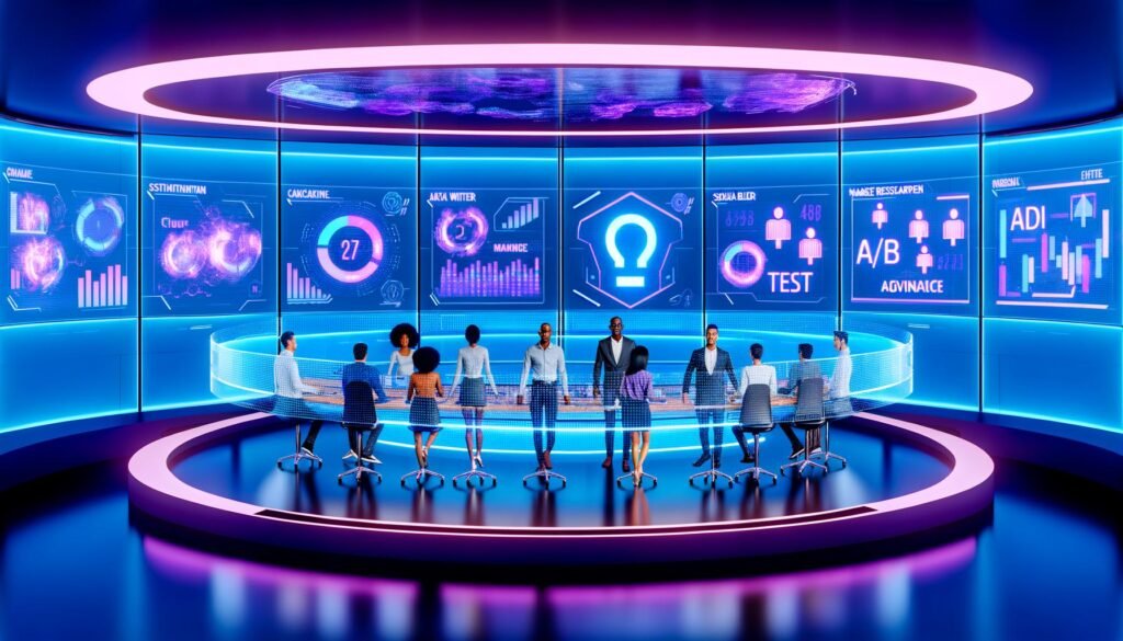 Hypermoderner Marketing-Kontrollraum mit Neonbeleuchtung, zahlreichen Bildschirmen, dynamischen Charts und multikulturellem Team an holografischen Interfaces in einer KI-gesteuerten Umgebung.