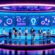 Hypermoderner Marketing-Kontrollraum mit Neonbeleuchtung, zahlreichen Bildschirmen, dynamischen Charts und multikulturellem Team an holografischen Interfaces in einer KI-gesteuerten Umgebung.