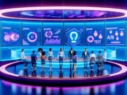 Hypermoderner Marketing-Kontrollraum mit Neonbeleuchtung, zahlreichen Bildschirmen, dynamischen Charts und multikulturellem Team an holografischen Interfaces in einer KI-gesteuerten Umgebung.