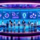 Hypermoderner Marketing-Kontrollraum mit Neonbeleuchtung, zahlreichen Bildschirmen, dynamischen Charts und multikulturellem Team an holografischen Interfaces in einer KI-gesteuerten Umgebung.
