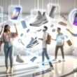 Personen in moderner Kleidung interagieren mittels AR-Brillen und Gesten mit halbtransparenten, schwebenden 3D-Hologrammen von Produkten in einem futuristischen, hellen Raum.
