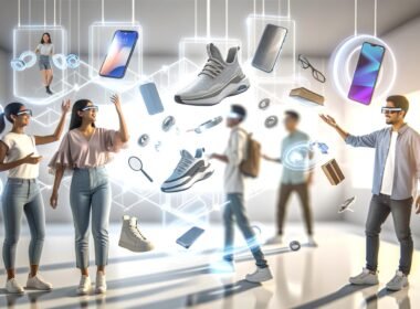 Personen in moderner Kleidung interagieren mittels AR-Brillen und Gesten mit halbtransparenten, schwebenden 3D-Hologrammen von Produkten in einem futuristischen, hellen Raum.