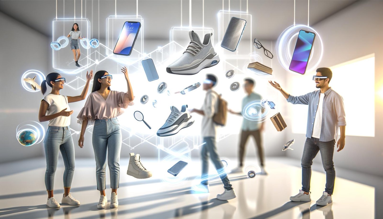Personen in moderner Kleidung interagieren mittels AR-Brillen und Gesten mit halbtransparenten, schwebenden 3D-Hologrammen von Produkten in einem futuristischen, hellen Raum.