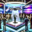Menschen in Businesskleidung betrachten und steuern auf einer technologisch beleuchteten Messe einen schwebenden 3D-Hologramm-Prototypen mithilfe von Handgesten.